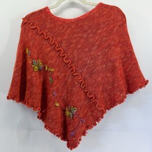 Vintage Y2K Boho Cottage Handmade Terracotta Knit Poncho 3D Floral Embroidery